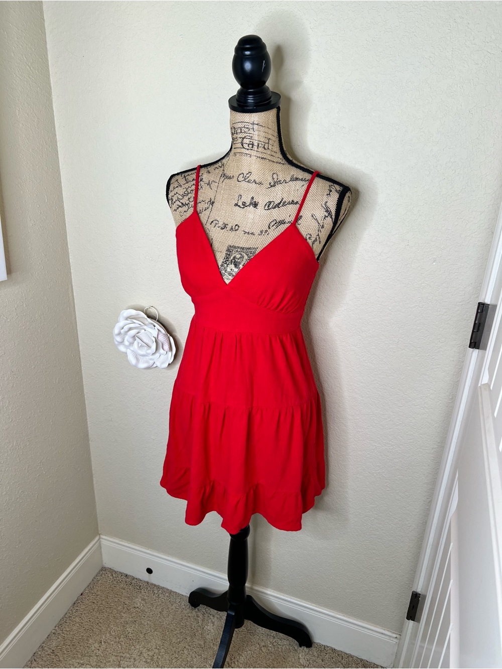 NTM: Morceau Los Angeles Red Linen Blend Tiered Mini Dress Smocked Back M - Picture 15 of 16